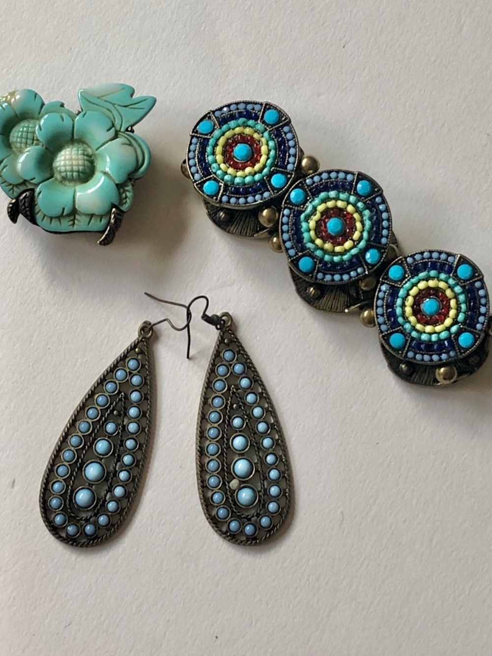 3 Piece Turquoise Colored Bracelet, Earrings & Belt Buckle